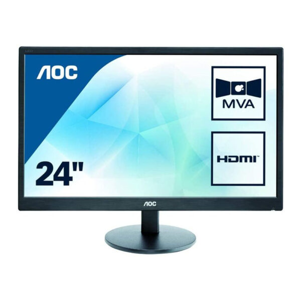 Monitor AOC M2470SWH de 23,6 pulgadas en color negro. Ofrece una resolución Full HD para una calidad de imagen nítida y detallada. Utiliza la tecnología de panel MVA para un amplio ángulo de visión y colores vivos. Tiene un tiempo de respuesta de 5 ms y una frecuencia de actualización de 60 Hz para una visualización suave. Un monitor versátil y de alto rendimiento para trabajar o disfrutar de contenido multimedia.